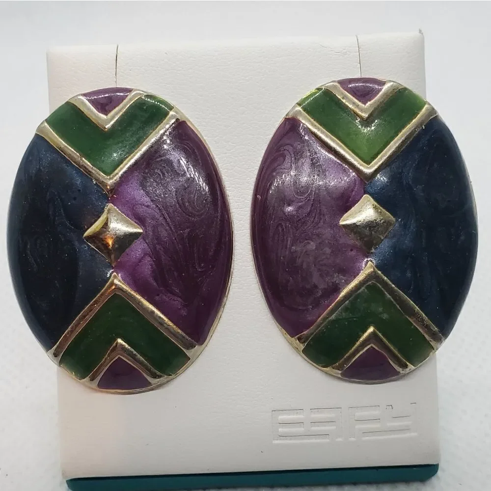 Vintage Purple, Blue, Green, & Gold Oval Earrings